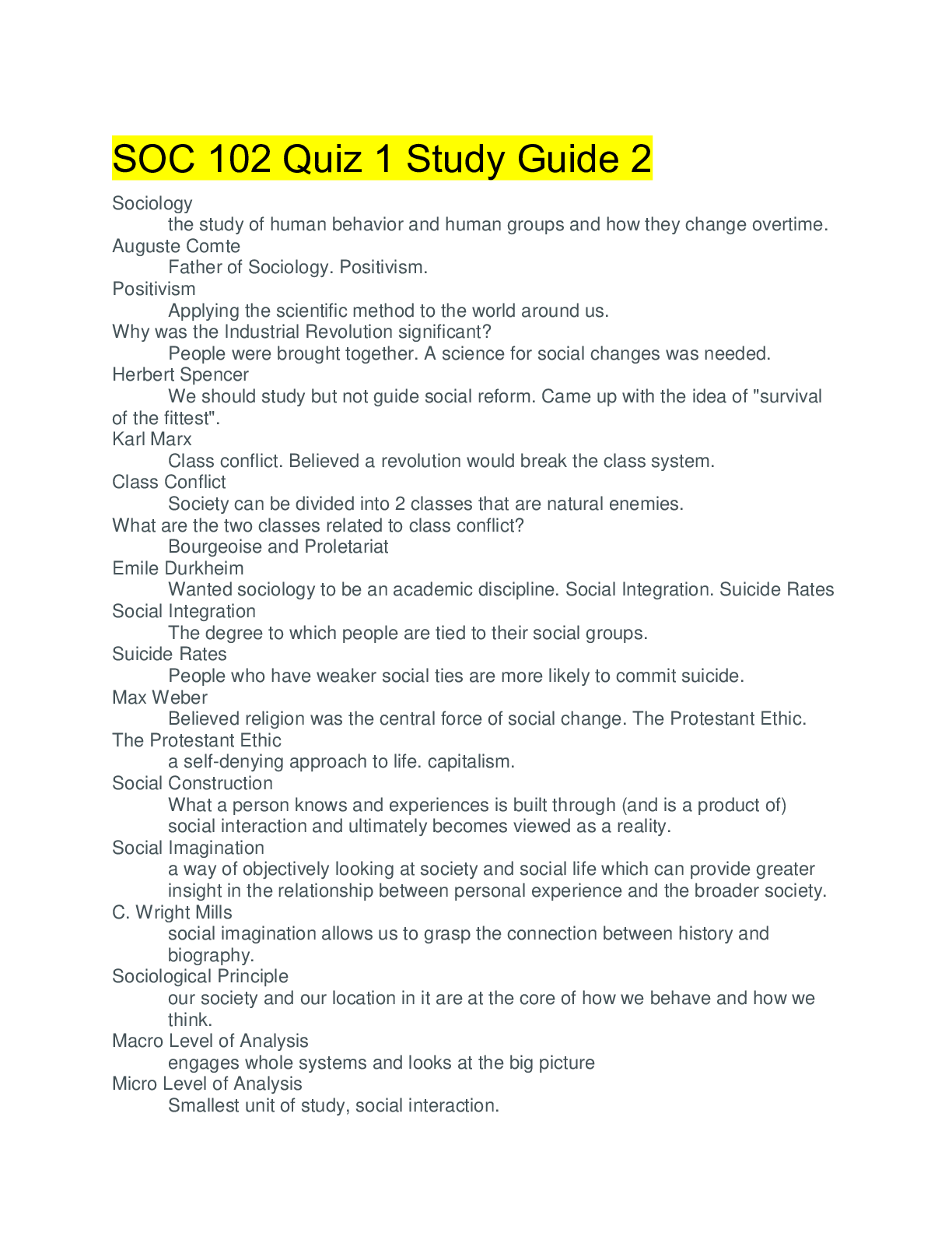Preview image of SOC 102 Quiz 1 Study Guide 2 document